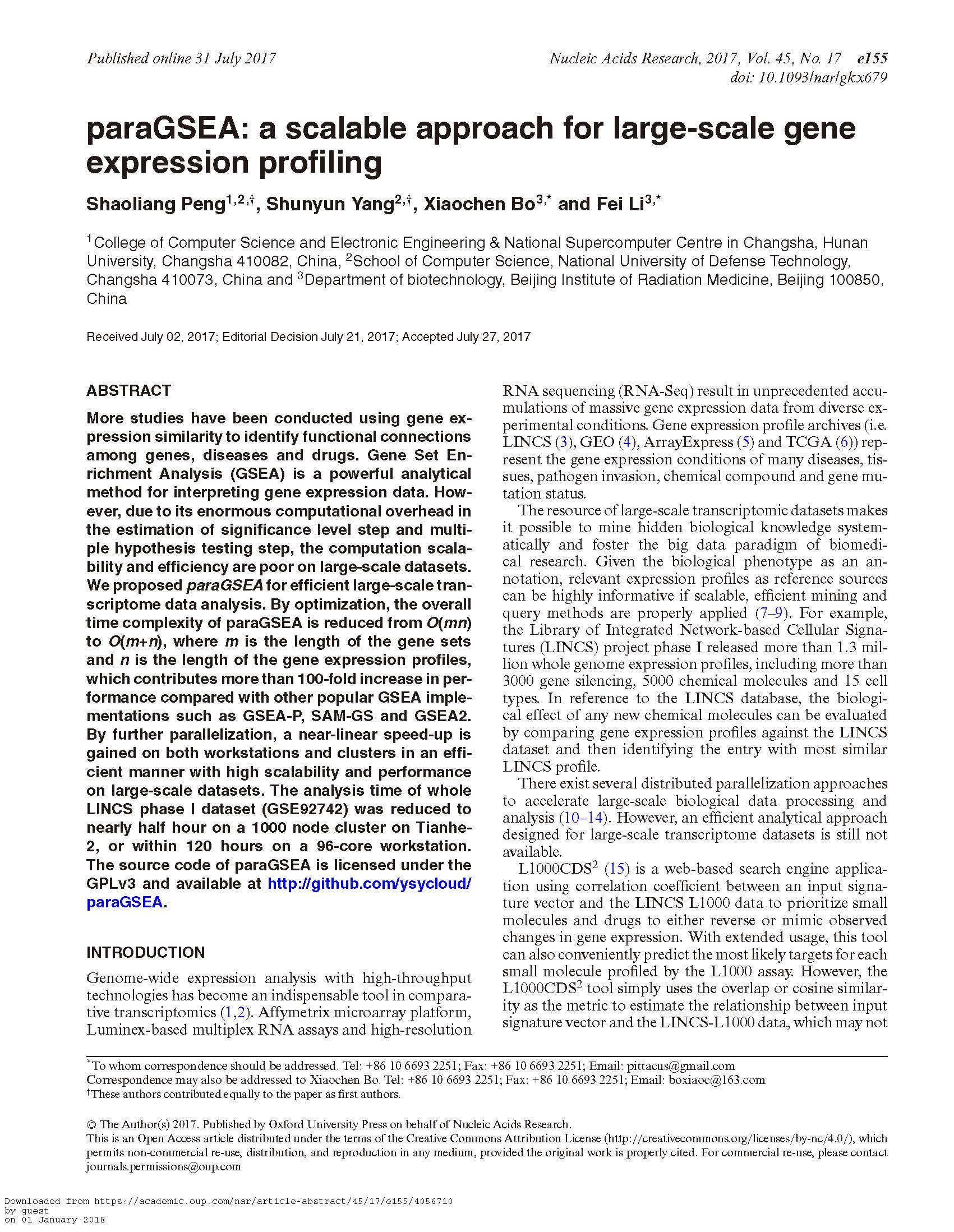 [89] Peng, S., Yang, S.,Bo, X., & Li, F. (2017). paraGSEA: a scalable approach for large-scale gene expression profiling. Nucleic acids research, 45(17), e155-e155
