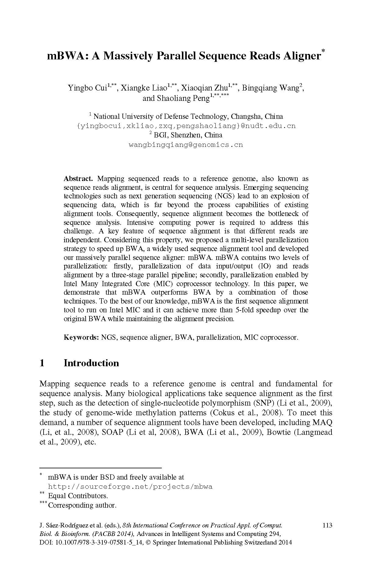 [57] Cui, Y., Liao, X., Zhu, X.,Wang, B., & Peng, S. (2014). mBWA: A massively parallel sequencereads aligner. In 8th International Conference on Practical Applicationsof Computational Biology & Bioinformatics (PACBB 2014) (pp. 113-120).Springer, Cham.